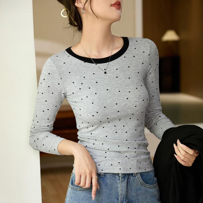Women Polka Dot Color Block Long Sleeve Slim Fit Vintage Bottoming T Shirt