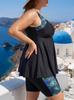 European-American Plus Size Tankini: Black Feather Print 6X Swimwear with Skirted Bottoms