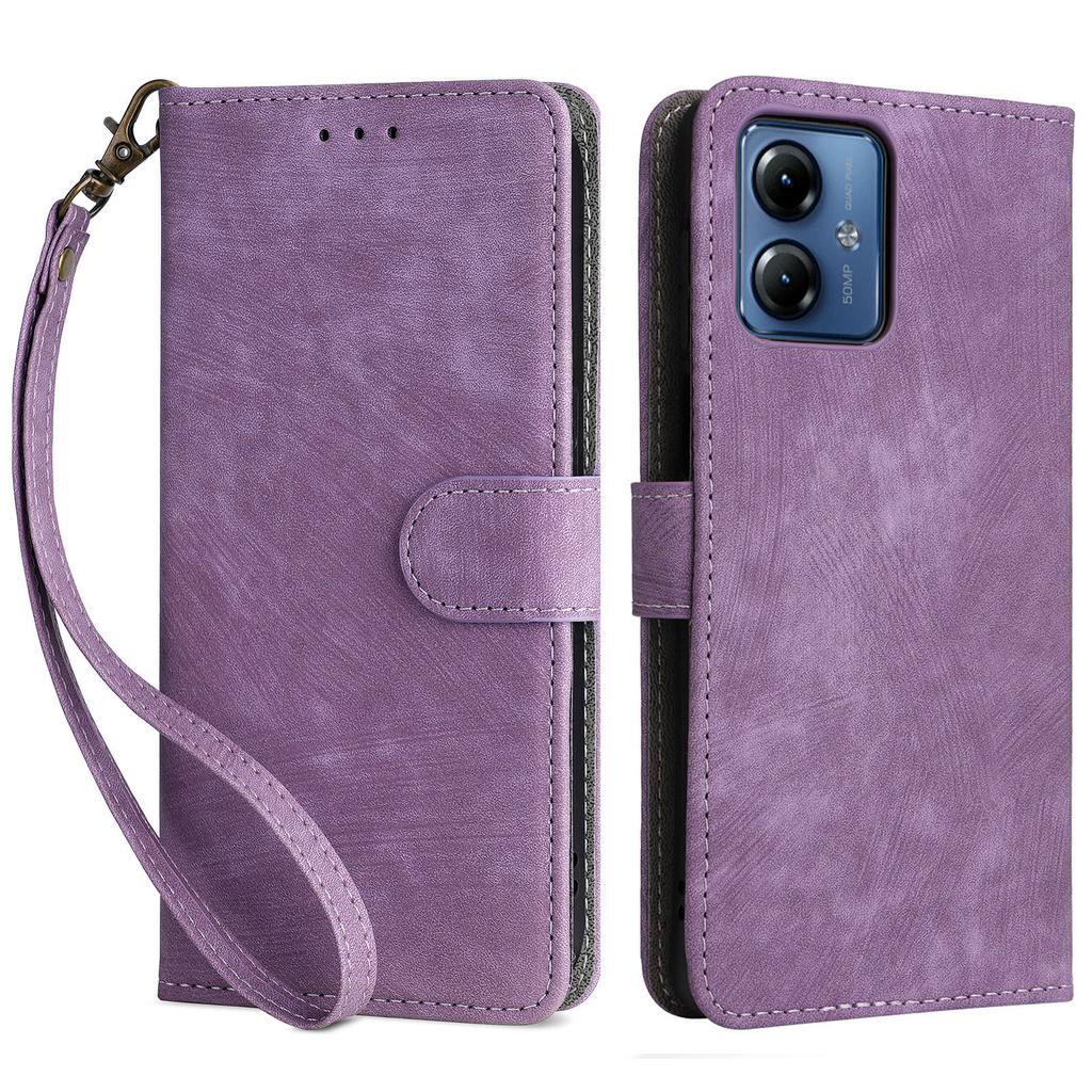 For Motorola Moto G14 4G Anti-Scratch Cell Phone Case Leather Stand Cover RFID Blocking Wallet Shell with Strap