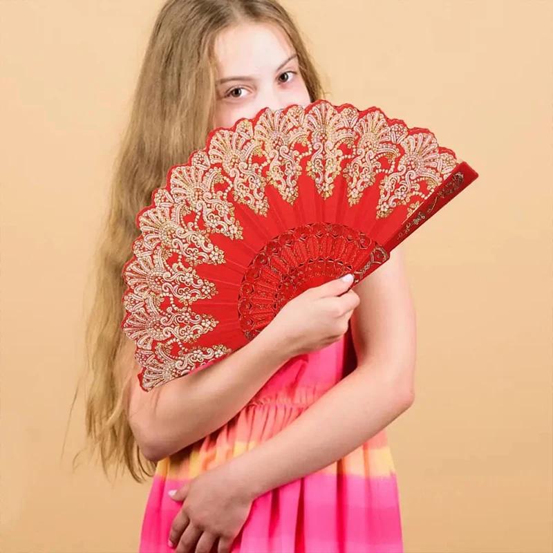 Folding retro pattern hand fan, single flower folding fan, Chinese dance fan, role-playing party decoration, women's handheld