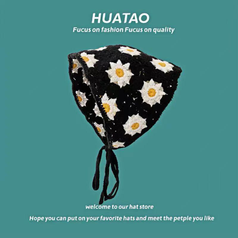 Korean Style Knitted Crochet Triangle Scarf: Women's Sweet Flower Headscarf Hat