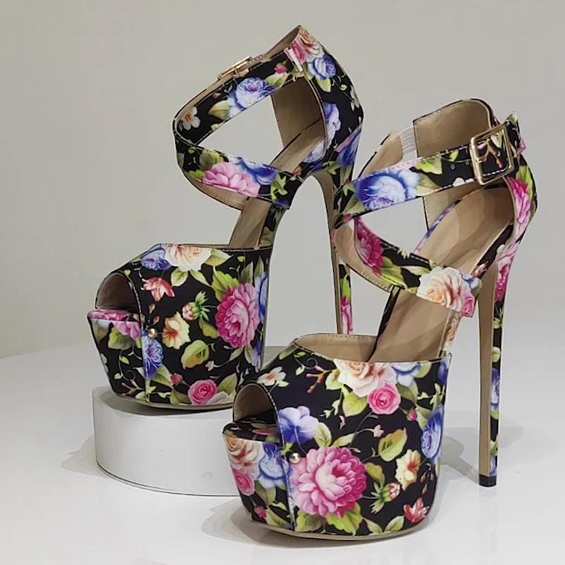 Chaussures de luxe pour femmes Imprimé de designer Sandales à bout ouvert pour femme Sangle à boucle sexy Plateforme Stripper Talons aiguilles Chaussures de soirée Bal