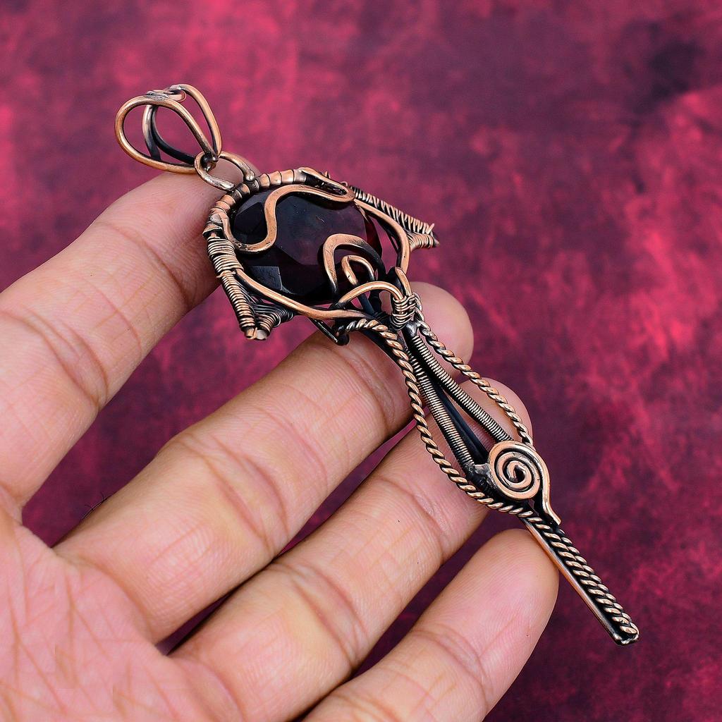 Faceted Ammolite Gemstone Pendant Copper Wire Wrapped Jewelry Handmade Pendant