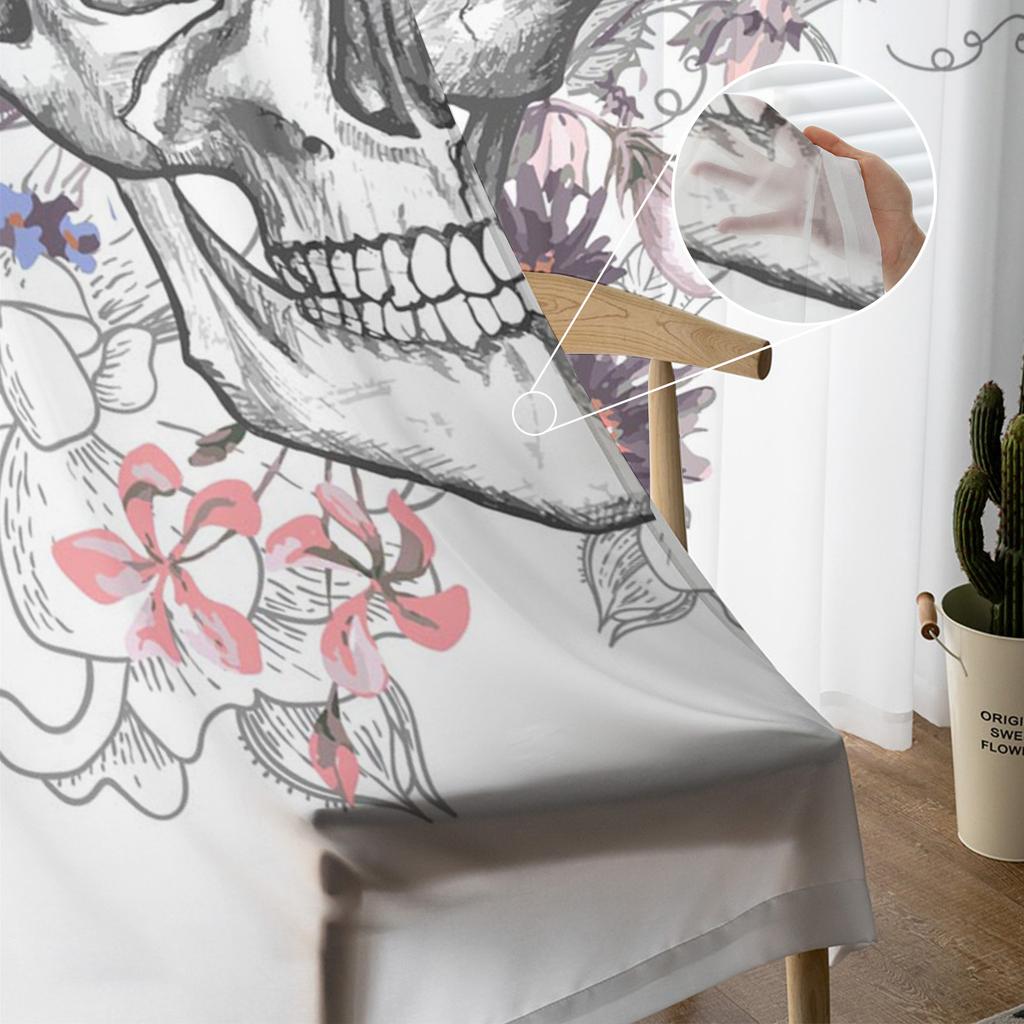 Skull Flower Pattern Tulle Curtains For Living Room Decoration Modern Chiffon Sheer Voile Kitchen Curtain