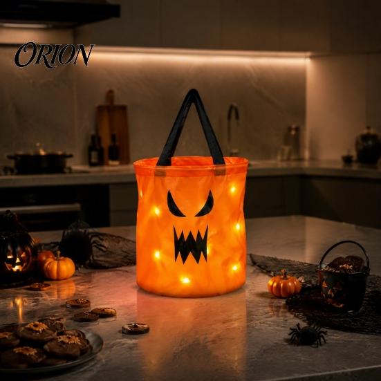 Durable Fabric Pumpkin Treat Bag Glowing Candy with LED Lights, Reusable Halloween Trick or Pail Tote for Kids, Handbag Party Favors Festival Supply
