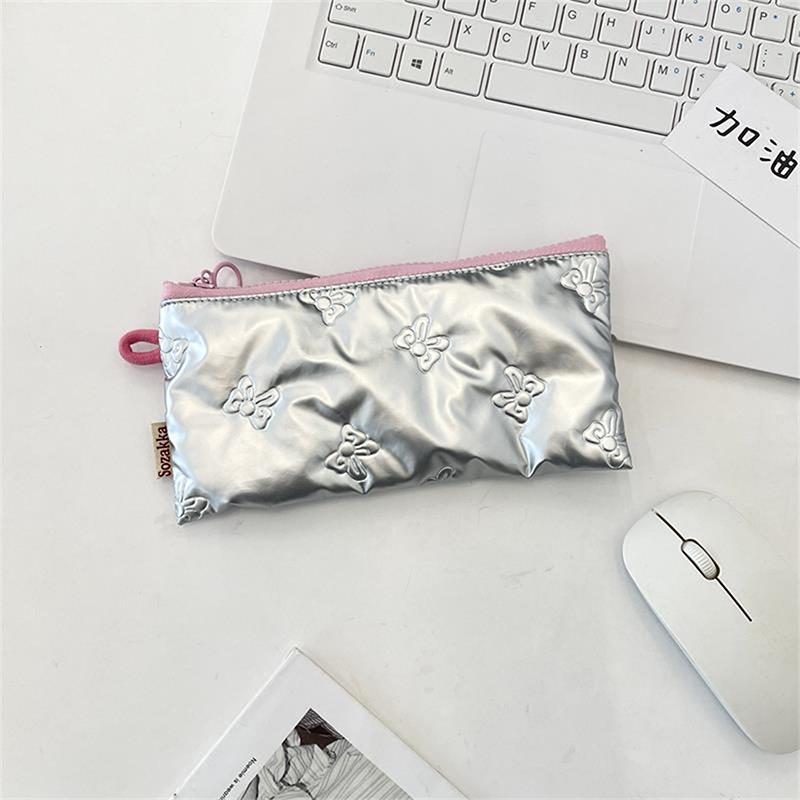 Sweet Quilted Bow Love Flap Pencil Case Organizer Coin Purse  Girly Cosmetic Bag Women Portable Sundries Storage Bag Gift