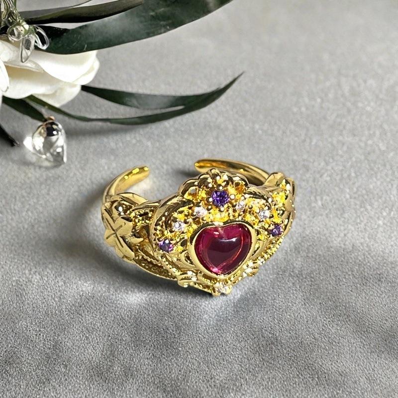 Medieval Jewelry Light Luxury Imitation Colored Treasure Open Ring Love Full Of Diamonds Zircon Retro Ring