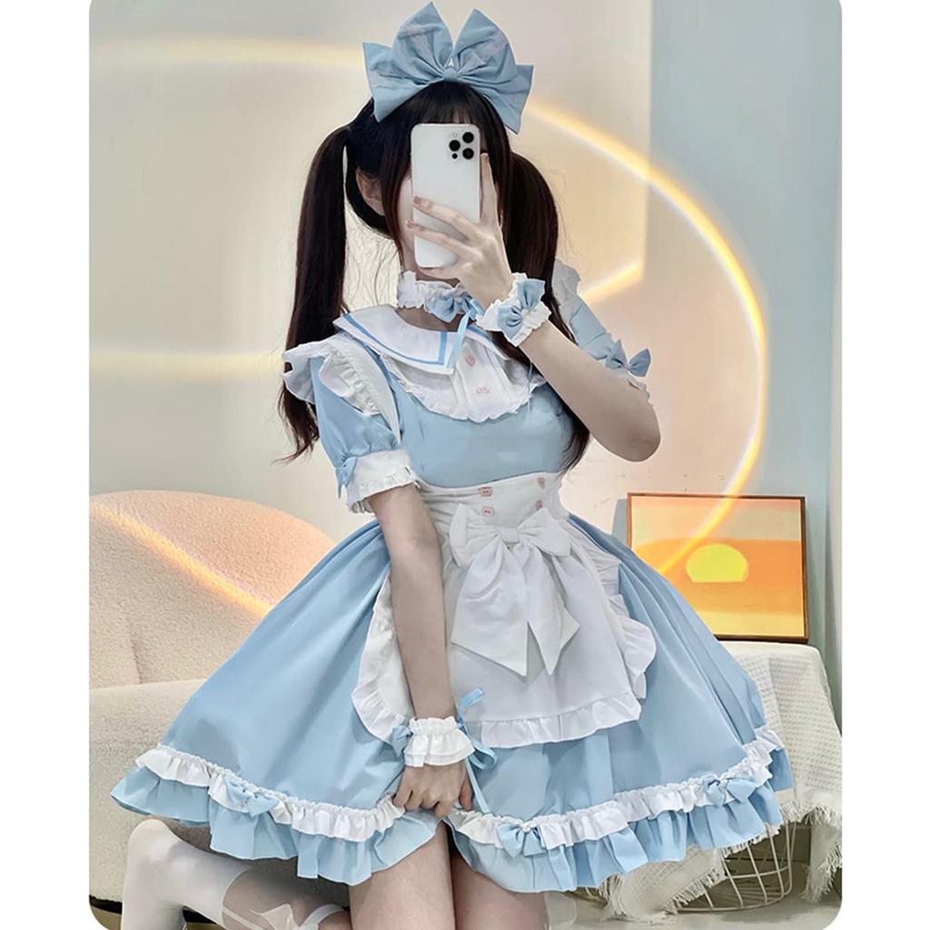 Maid Outfit Cosplay Lolita Dress with Princess Long Light Mori Girl Dreamy Lace Christmas Blue [SSUPTEMBER2] Sleeves, Sleeves, Blue, Style, Cute,