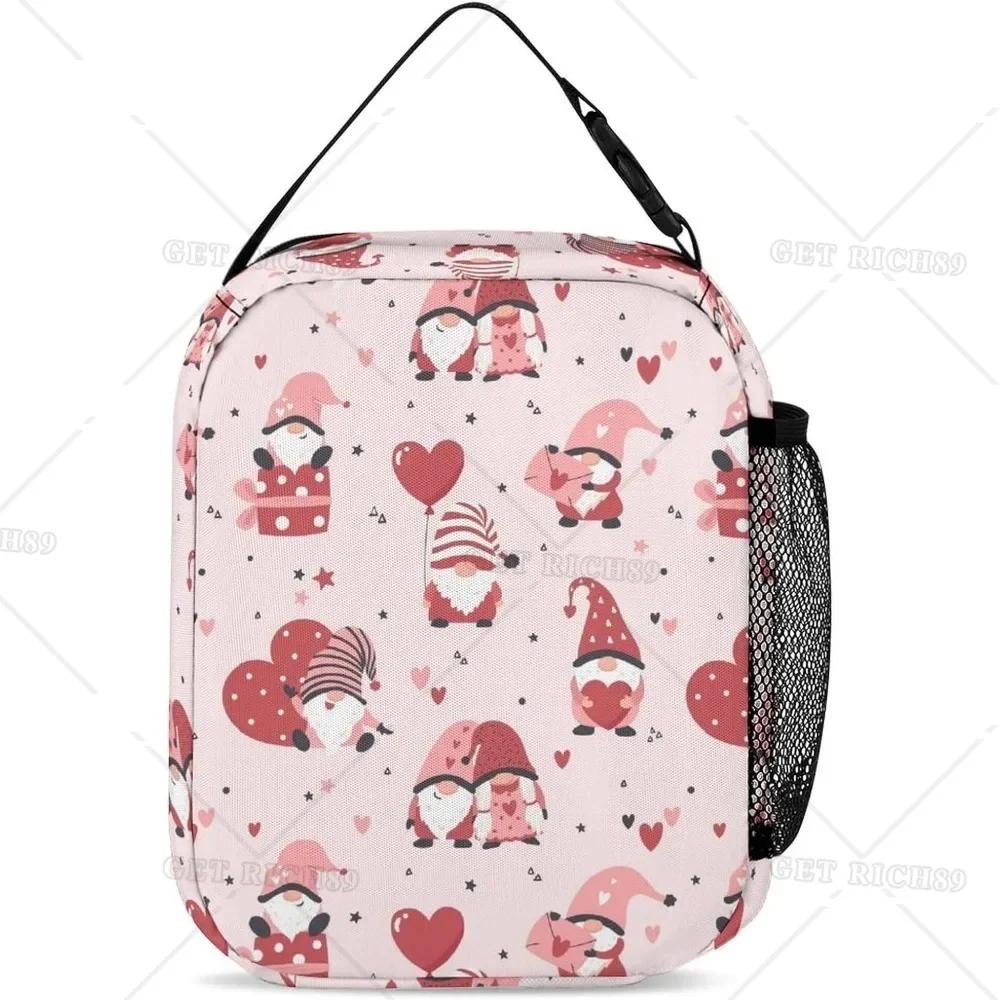 Cute Gnomes Hearts  Reusable Portable Lunch Bag for Men Women, Valentine's Day Theme Insulated Bags for Office Work Trip