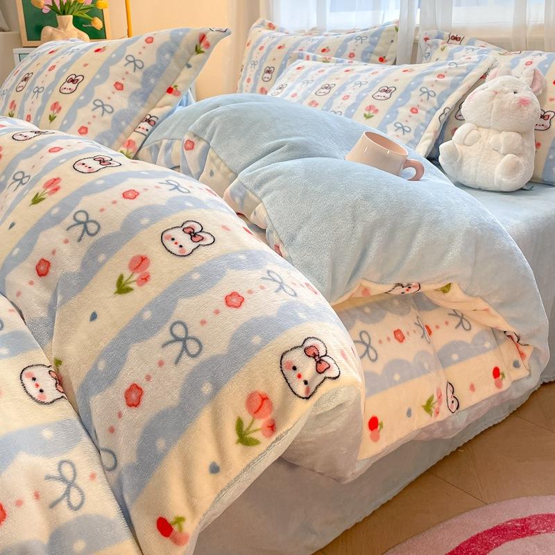 Thickened Milk Fleece Four-Piece Set, Coral Flannel Quilt Cover, Double-Sided Fleece Bed Sheet Quilt Cover, Bed Hat Three-Piece Set
