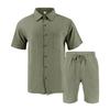 Men's Linen Set, Color Lightweight Button Down Shirt With Pocket And Elastic Waist Breathable Shorts Two-piece Set, Men's Vacation Beach Set