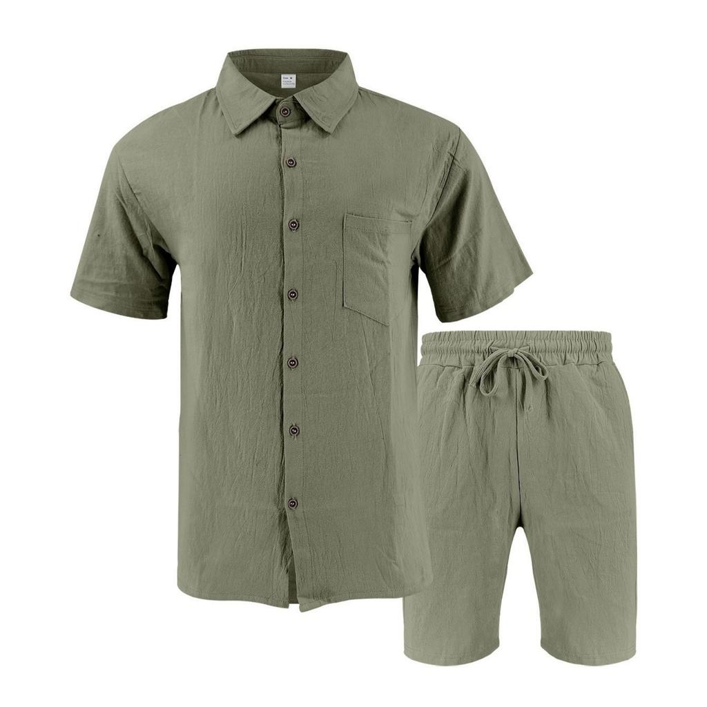 Men's Linen Set, Color Lightweight Button Down Shirt With Pocket And Elastic Waist Breathable Shorts Two-piece Set, Men's Vacation Beach Set