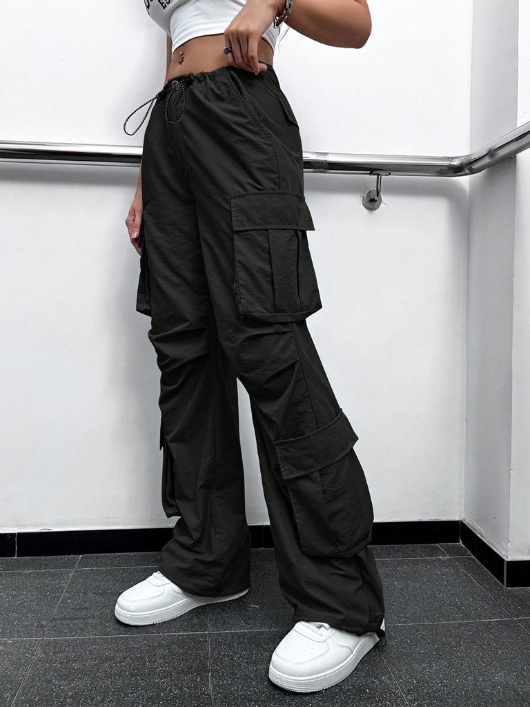 Rose Beauty A Flap Pockets Drawstring Ruched Cargo Parachute Pants