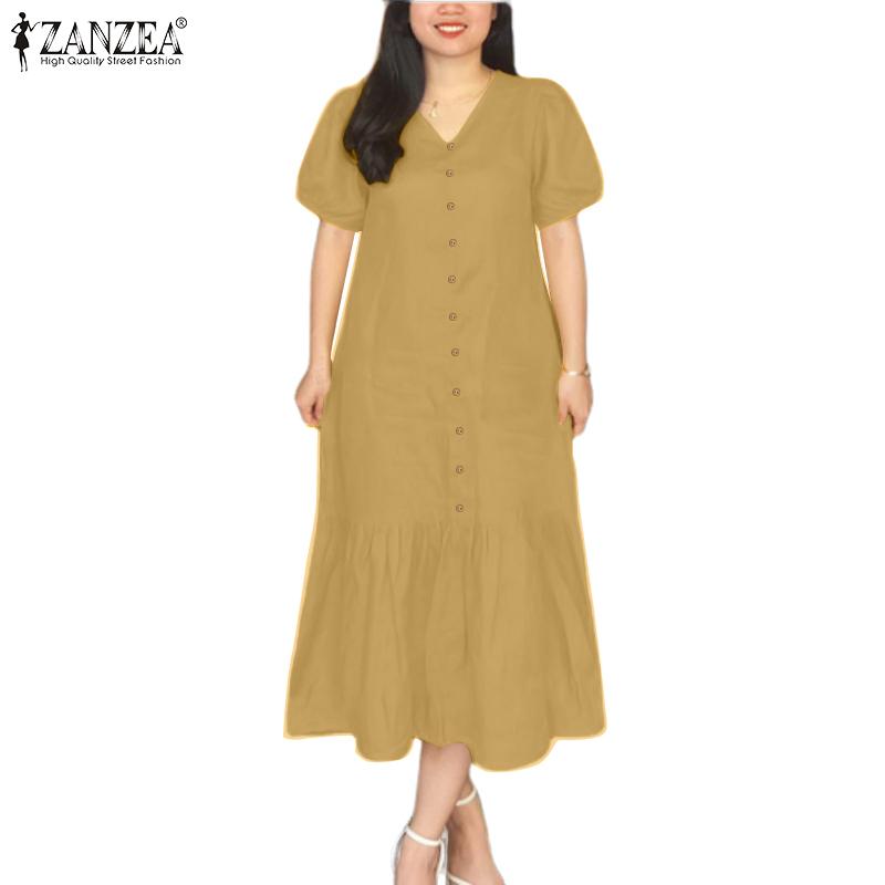ZANZEA Women Summer V-Neck Solid Color Loose Short Sleeve Dress