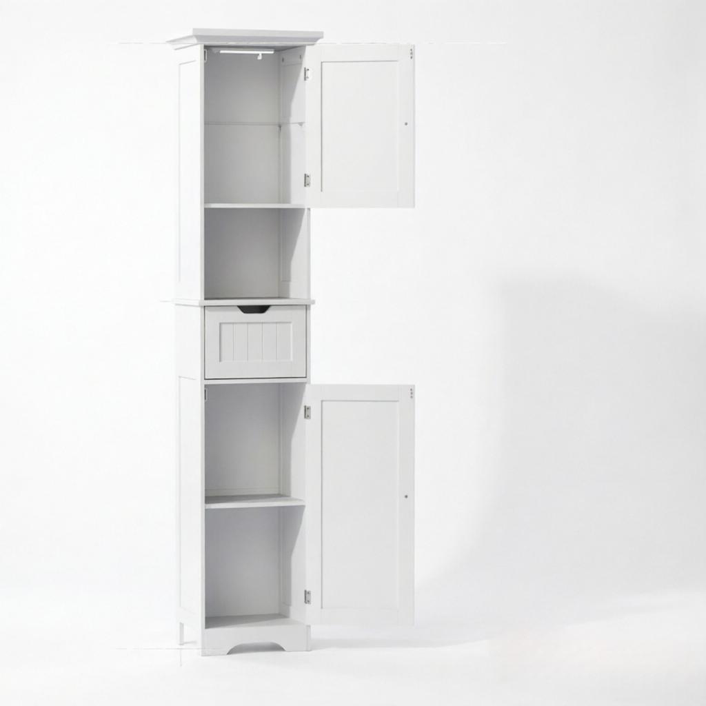 Bathroom column furniture with LED lighting, narrow bathroom storage cabinet with drawer and 2 doors, freestanding tall cabinet