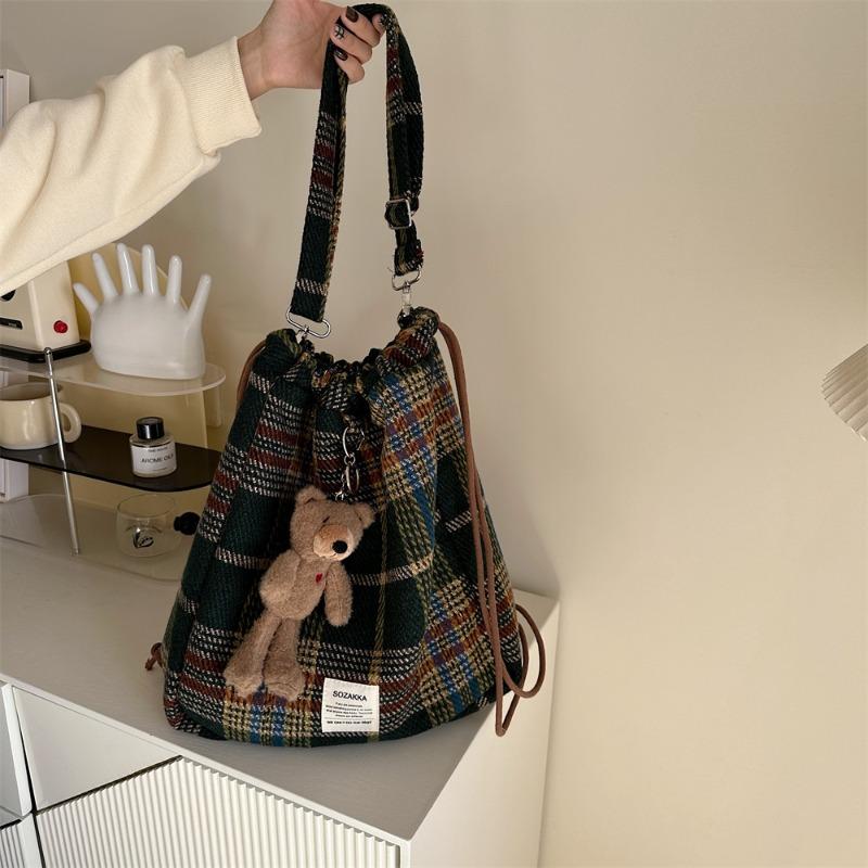 11 College woolen plaid drawstring backpack messenger bag large capacity shopping shoulder bag women