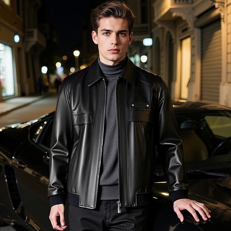 Fu Ting Men's Genuine Leather Lapel Jacket