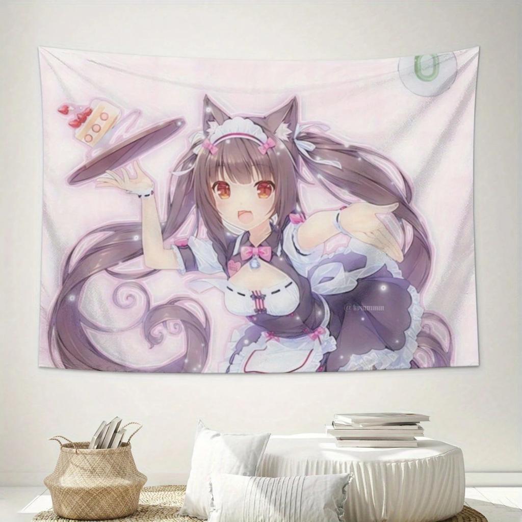 1pc Anime Cat Ear Girl Tapestry Polyester 2D Flat Wall Art for Bedroom Living Room  Stylish Anime Home Decor Gift