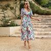 Women V Neck Waist Wrapped Floral Summer Dresses with High Sleeves