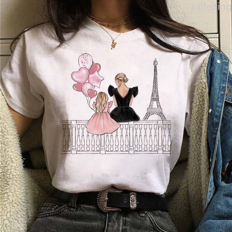 Women T-shirts Cute Mom and Daughter Black Summer Short Sleeve Female Tops Summer Sleeved Harajuku Streetwear Tops Tees