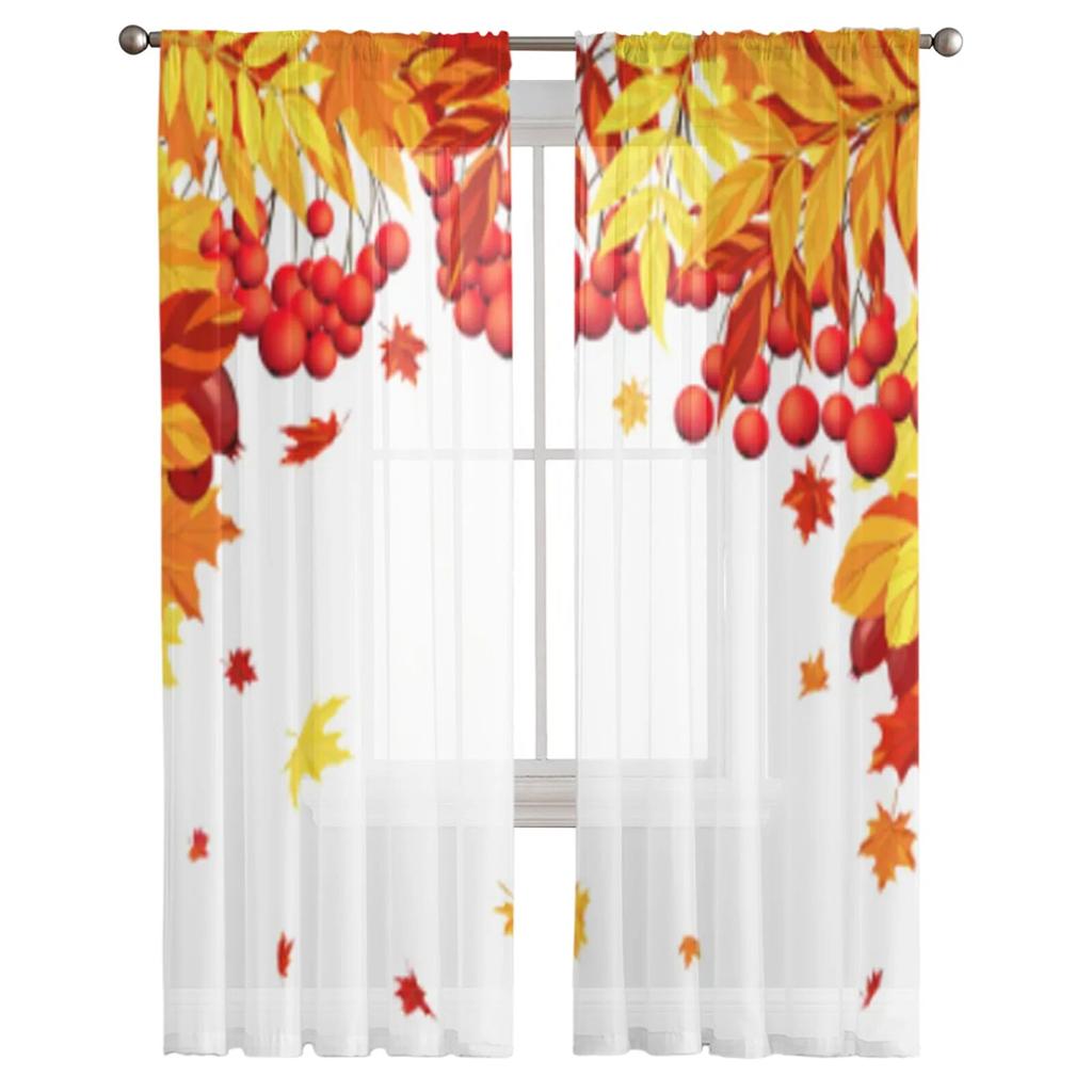 Podzimní javorové listy a bobule Průsvitné závěsy do obývacího pokoje Okna Průhledný voál Tyl Závěsy do ložnice Domácí dekorace