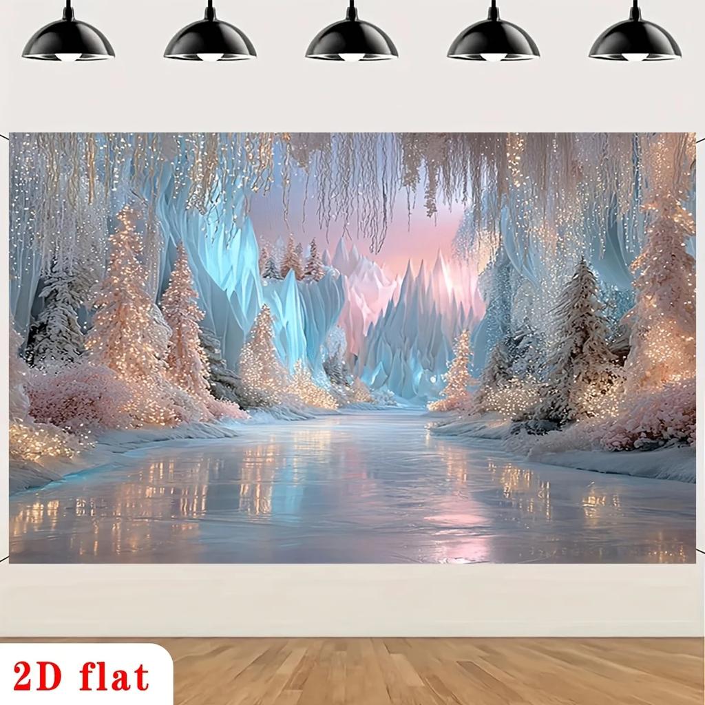 2D flat design 1-piece winter cedar tree banner - warm-toned ice cave background polyester material decorationZL