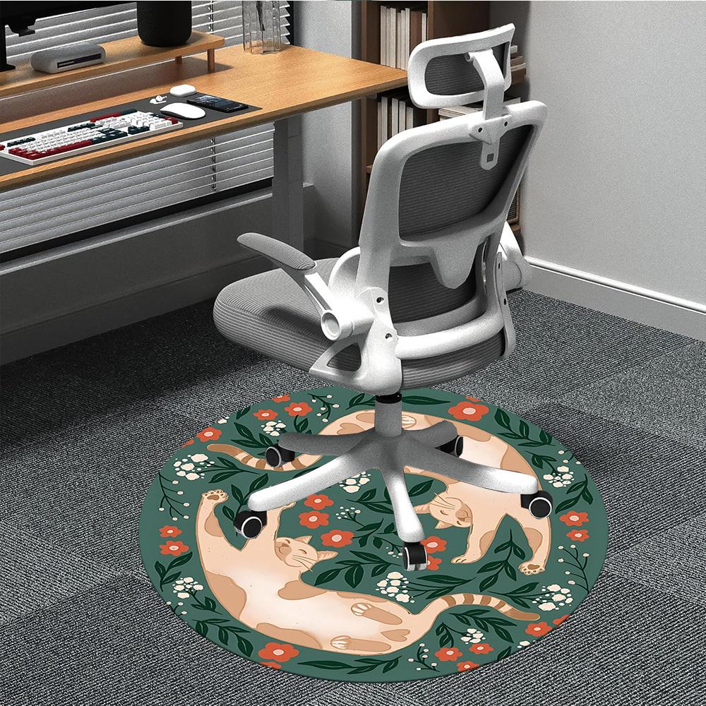 1pc Floral Cats Office Round Area Rug, Mat Suitable For Office, Under Office Chairs Bedroom Living Room Home Decor, Room Deco