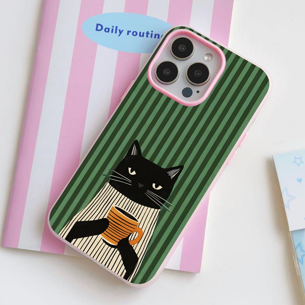 Cute Coffee Cat Jelly Double Layer Pink Mobile Phone Case for iPhone 17 16 15 14 13 12 11 Air Pro Max Plus Protective