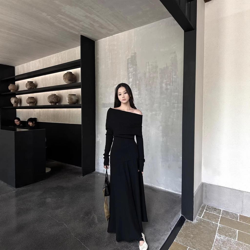2026 Elegant One-Shoulder Korean Dress: Women's Spring/Autumn Lazy Style Full Set