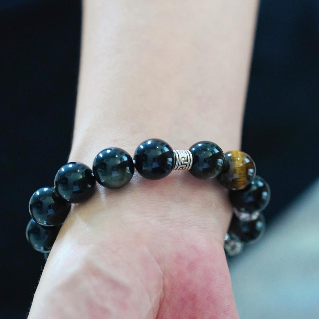 12Mm Large Particle High Quality Natural Tiger Eye Stone Obsidian Design Bracelet Bracelet