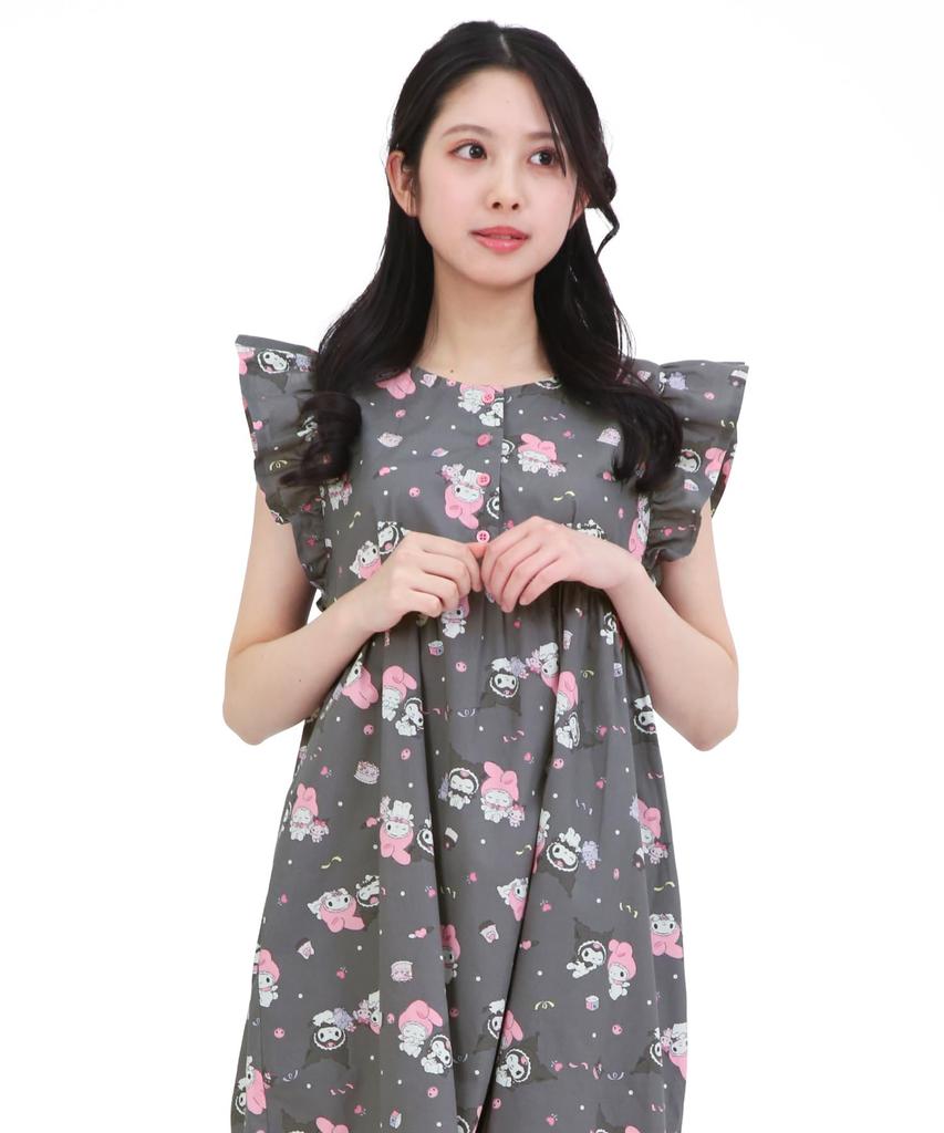 SAZAC Angel My Melody x Kuromi Cotton Dress, 100% Broadcloth, Women's Nightgown/Loungewear (Black/M-L/SAN1948)