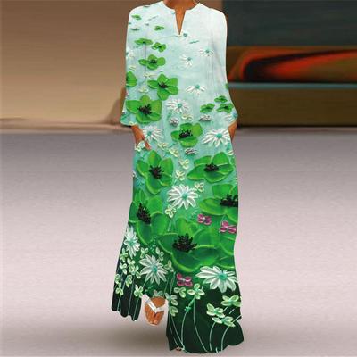 Women's Fashion Autumn Winter Floral Print Long Sleeve V-Neck Loose Casual Dresses