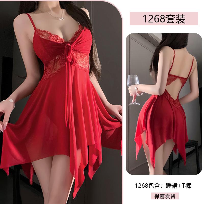 Yiyue Erotic Underwear Sexy Lace Seduction Nightdress Mesh Lace-up Gather Pure Desire Free Uniform Pajamas 1118