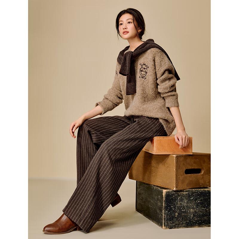 INMAN Women's Melange Striped Plush Wide-Leg Warm Pants