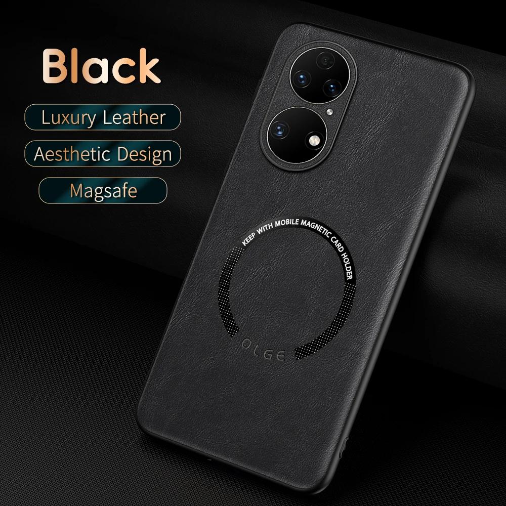 For Huawei P50 P50 Pro P50E Fine-Hole PU Cow Pattern Leather Outer Magnetic Ring Soft Edge Anti-Drop Phone Case