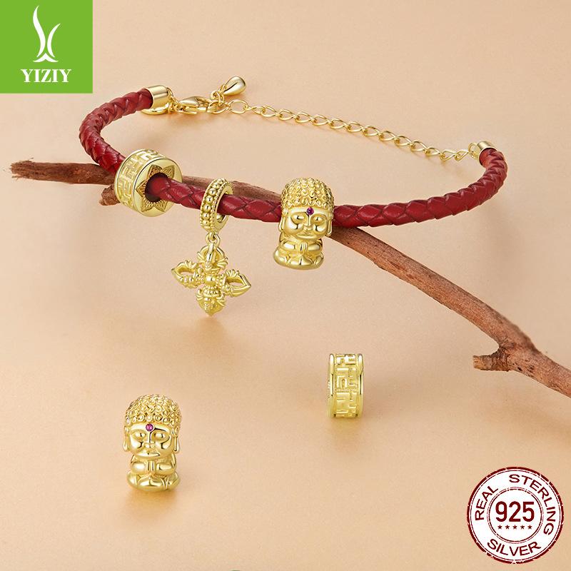 Gold Element Small Golden Buddha 925 Sterling Silver Accessories Vajra Pestle Swastika Diy Beaded Bracelet