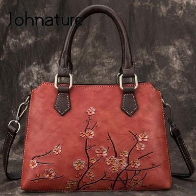 Ekte skinnveske for kvinner Vintage håndveske preging stor kapasitet kuskinn skulder- og crossbody vesker
