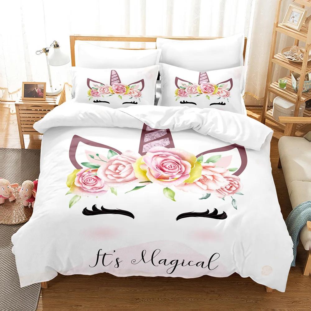 Double And Single Bed Bedding SetLovely Princess UnicornsPink Cute Bed CoverPillowcaseHigh Quality Comfort Sets2 Pcs3Pcs