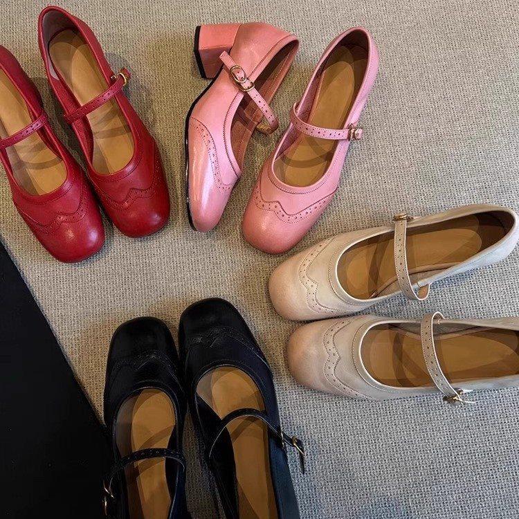 Women's spring ballet shoes, red high heels 2025 word shallow mouth with new thick heel engraved French retro