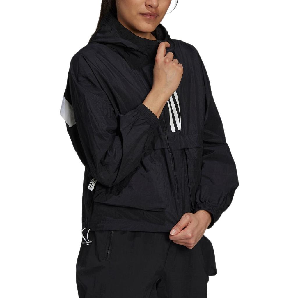 Adidas Color Block Striped Logo Print Hooded Jacket Women Jackets Black GT9754