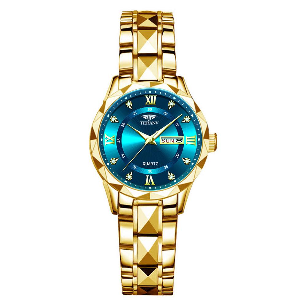 Women's Luminous Diamond Pattern Waterproof Quartz Watch with Double Calendar and Solid Band.