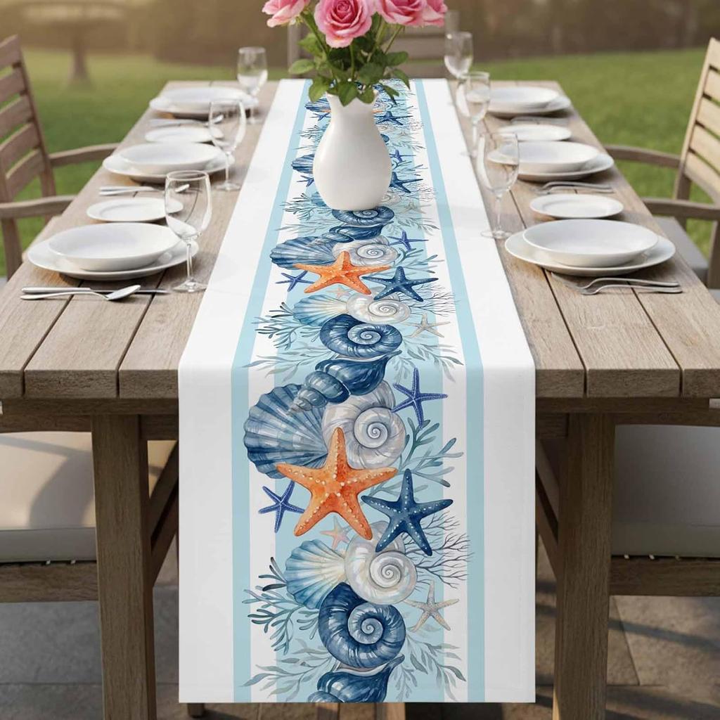 Nautical Coastal Linen Table Runner Home Decoration Summer Marine Coral Starfish Conch Kitchen Table Runners Holiday Party Decor