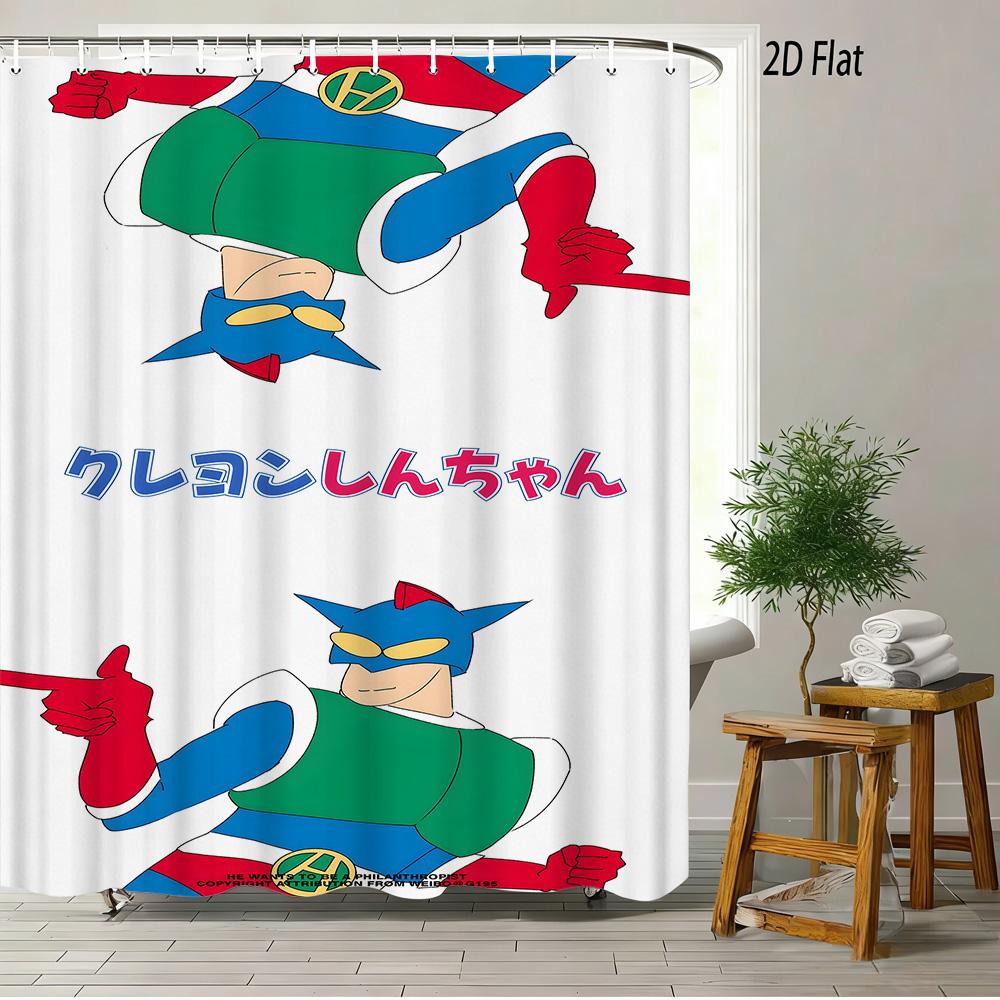 Crayon Shin-Chan & Friends Adventure 2D Print Waterproof Shower Curtain, Anime Bathroom Decor With Hooks