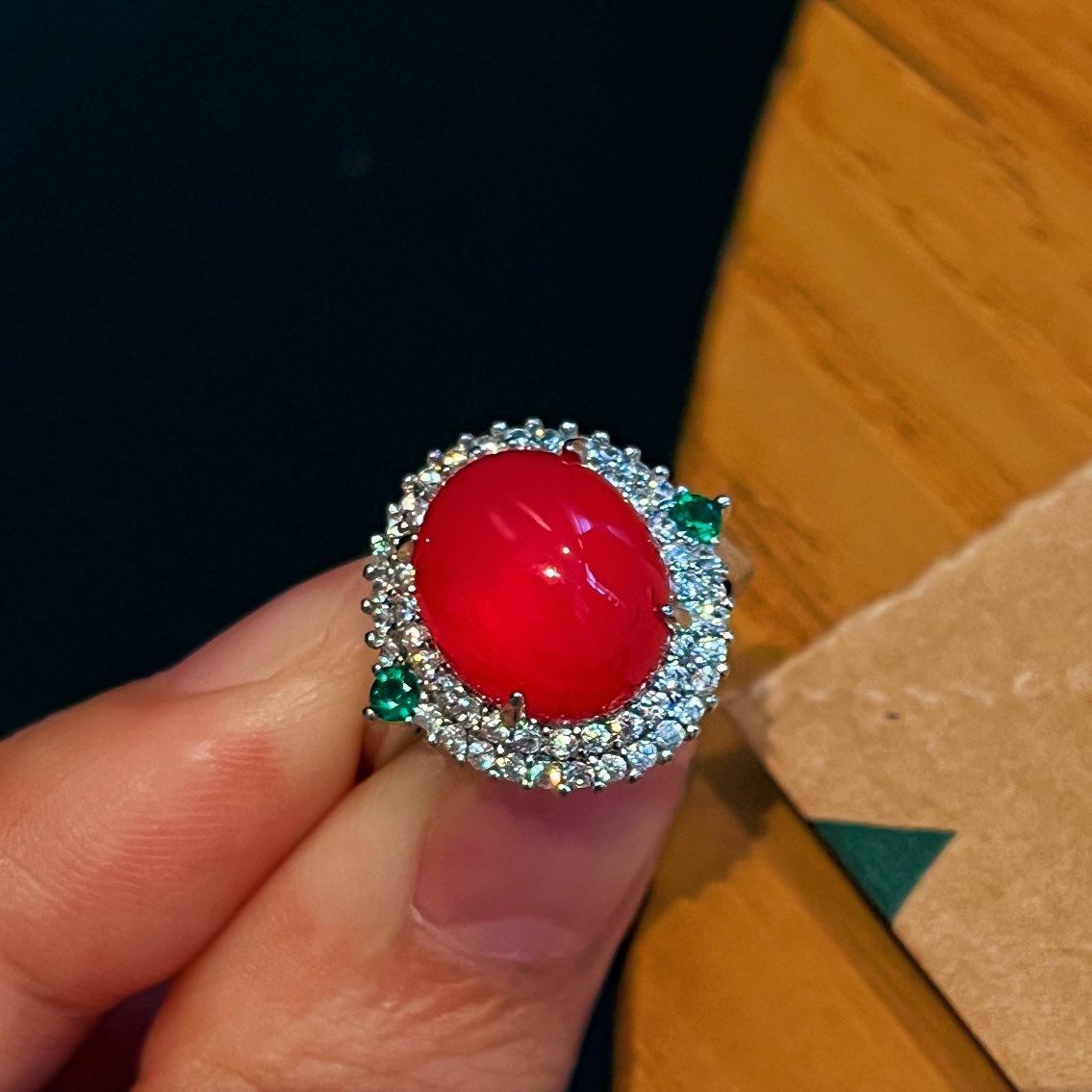 

Jade Red Lighting Natural Chalcedony Ring Agate Ring, Real Shot
