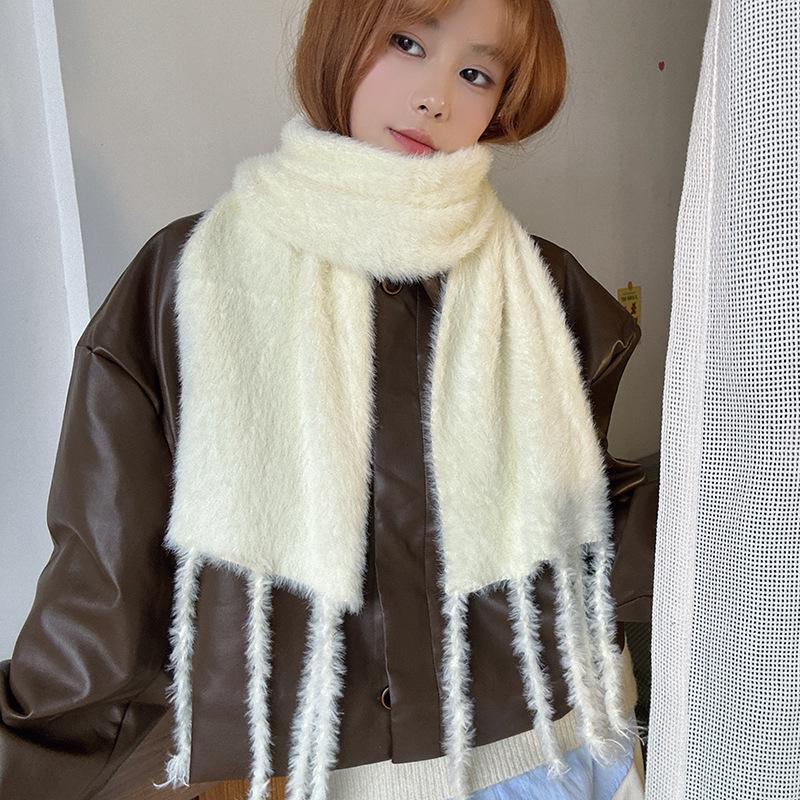 Luochi Knitting~Candy Color Plush Scarf: Soft, Skin-Friendly, Warm Tassels & Braids, Versatile Winter Neck Warmer for Women.