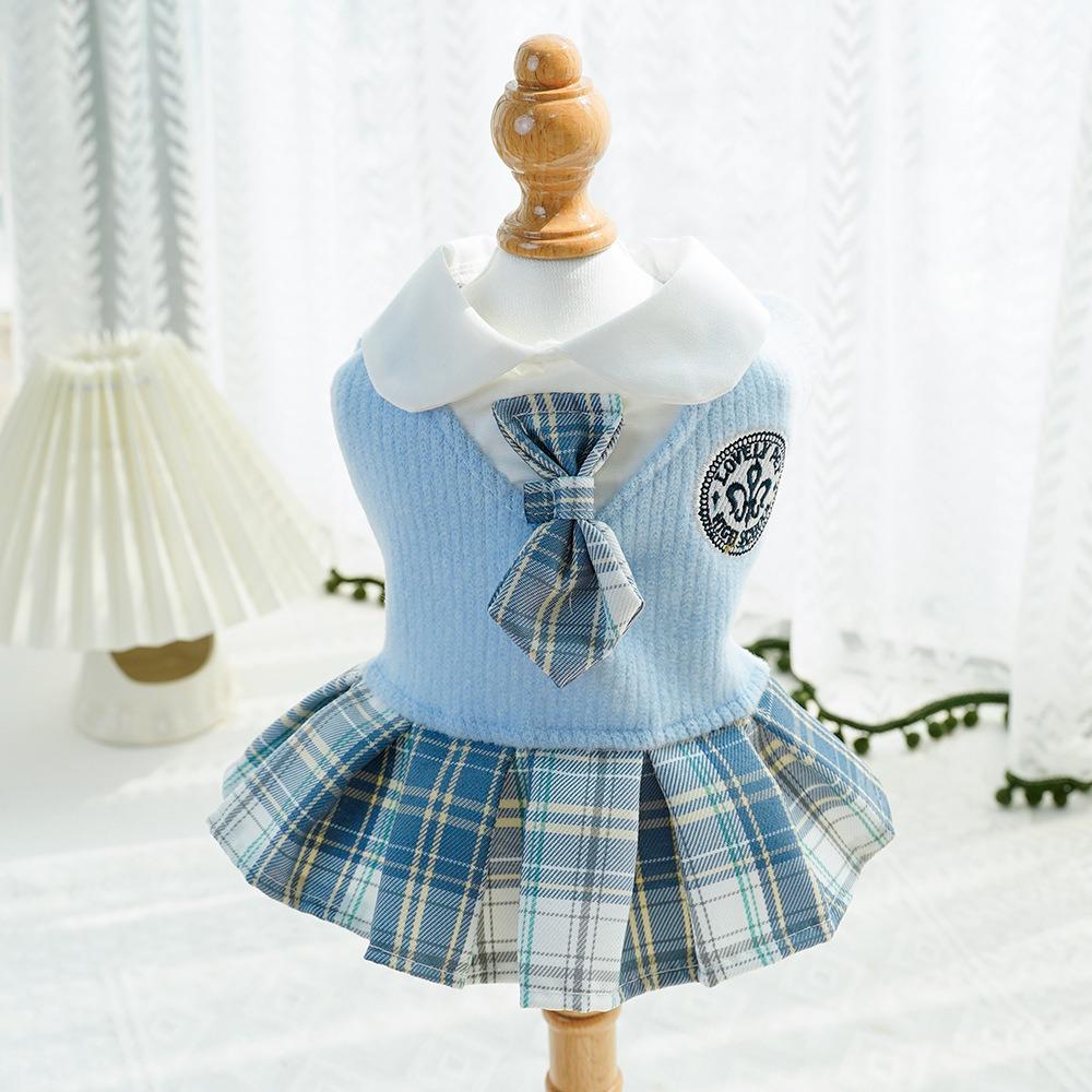 Knitted Pet JK Plaid Skirt Kawaii Dog Dress School Uniform Cat Clothes Small Medium Dogs