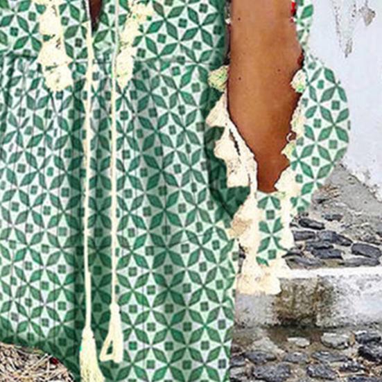 Beach Dress Geometric Print Tassel Women V Neck 3/4 Sleeve Dress for Vacation