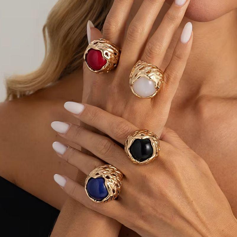 Salircon Exquisite Retro Inlaid Resin Thick Open Rings for Women Punk Geometry Chunky Stackable Knuckle Ring Aesthetics Jewelry