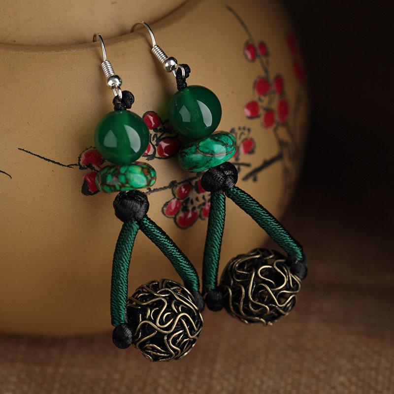 GEMCHIC Women s Vintage Ethnic Style Green Beaded Tassel Earrings Handmade Wire Wrapped Hollow Ball Drop Earrings for Cheongsam Party