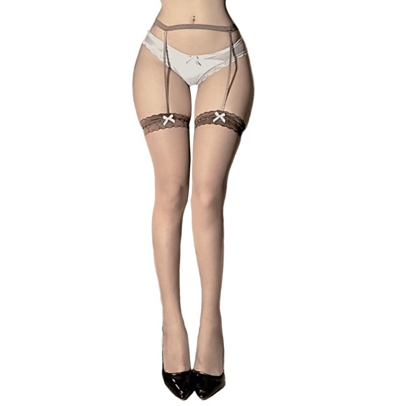 Womens See Through Thigh High Stockings with Garter Belt Cute Bowknot Sheer Silk Pantyhose Suspender Tights Lingerie